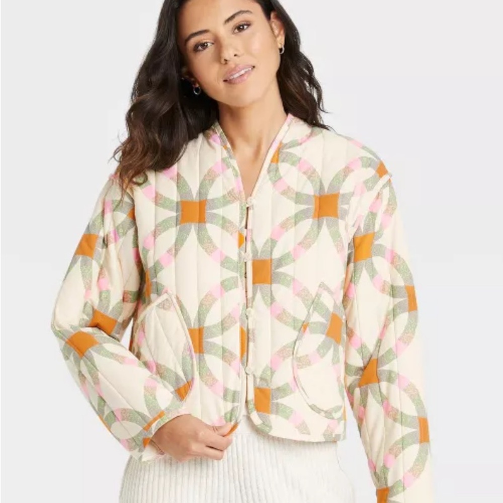 Universal Thread Cream and Orange Bomber Jacket with Geometric Pattern
